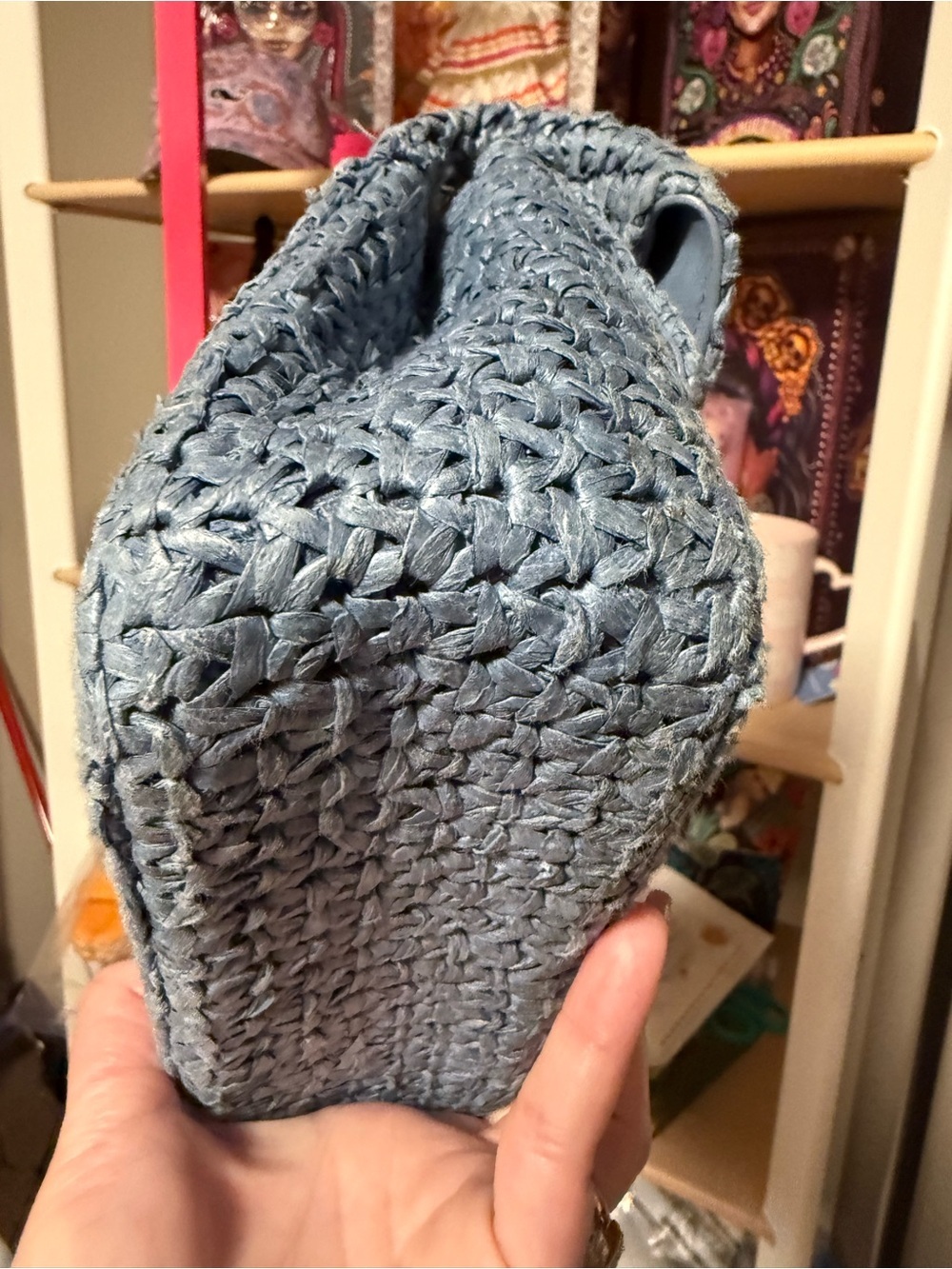 Sandro Paris Yza Raffia Shoulder Bag | Blue Woven Top Handle Purse - Picture 12 of 17